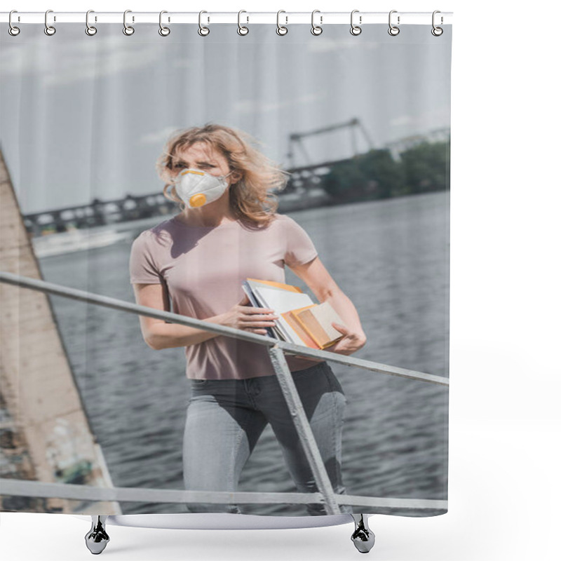 Personality  Woman In Protective Mask Standing On Bridge With Books, Air Pollution Concept Shower Curtains