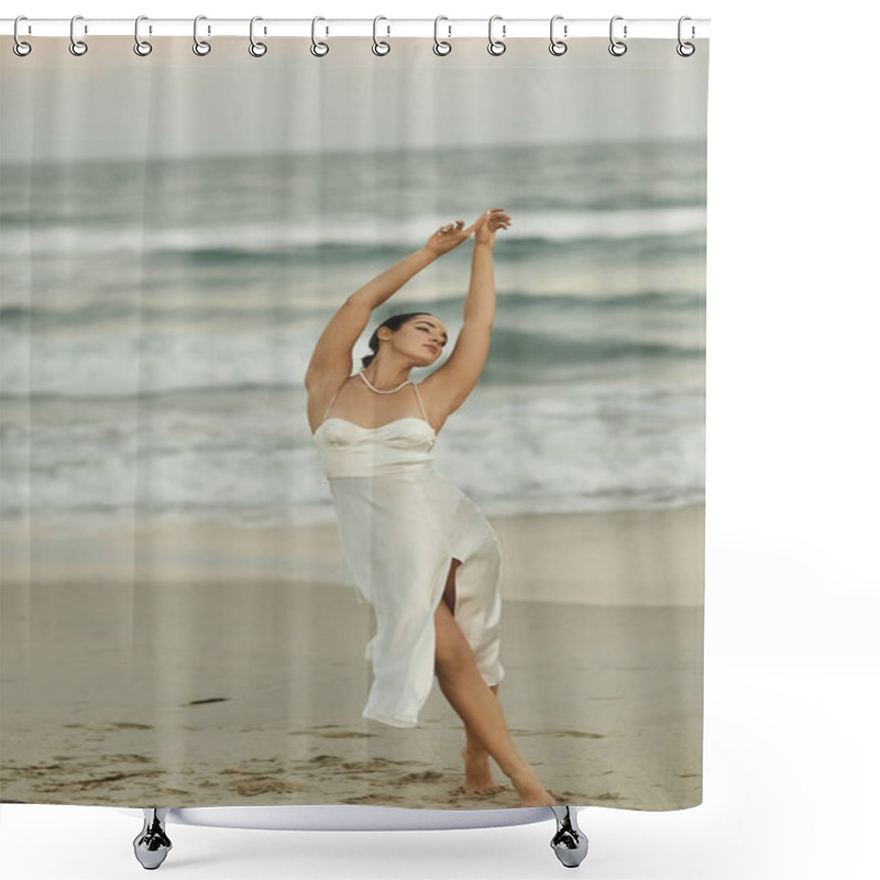 Personality  A Woman In A White Dress With A Slit Stands On A Sandy Miami Beach, Arms Raised, Gazing Towards The Setting Sun. Shower Curtains