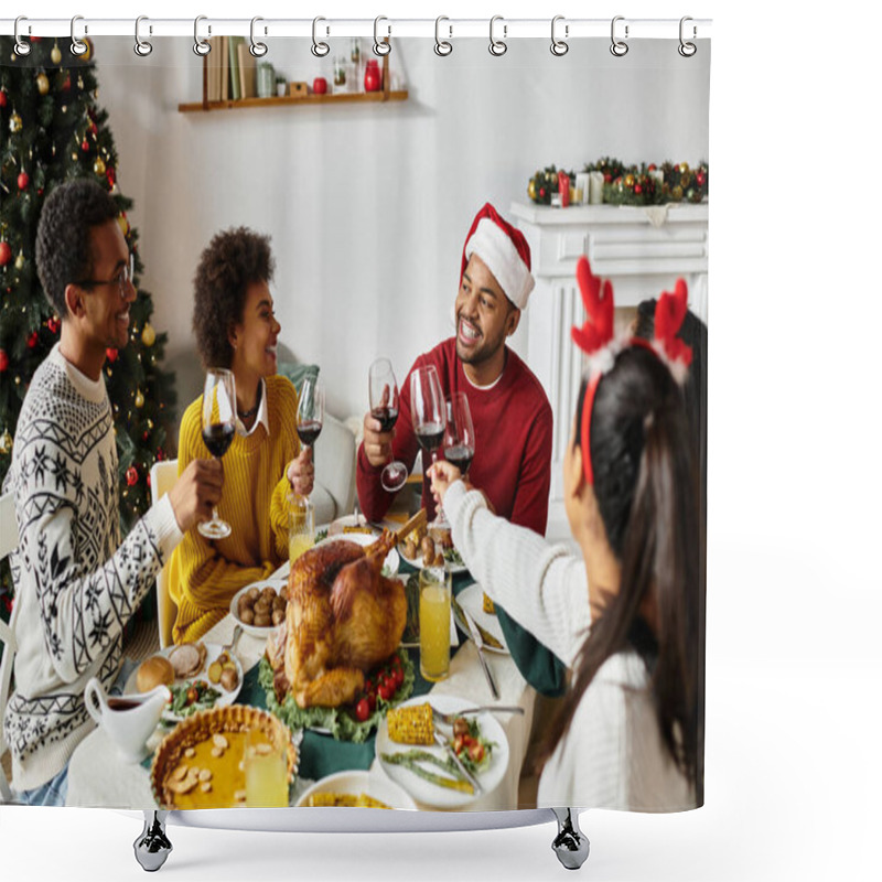 Personality  A Vibrant Gathering Of Friends Enjoying A Festive Christmas Dinner, Toasting Cheerfully. Shower Curtains