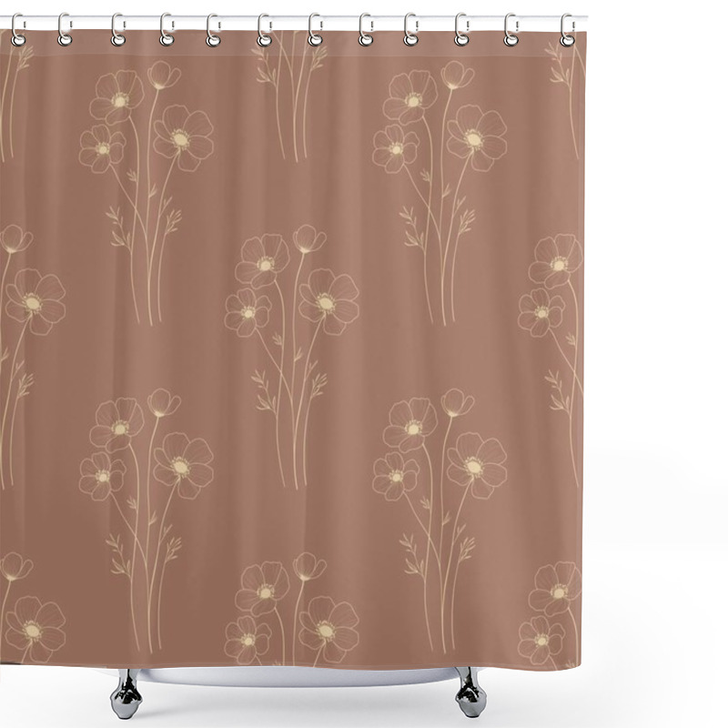 Personality  Seamless Pattern Milk Anemone Elegant Flowers Outline Small Design On Mocha Mosses Background For Prints, Textiles, Packaging, Fabrics, And Wrapping Paper Shower Curtains