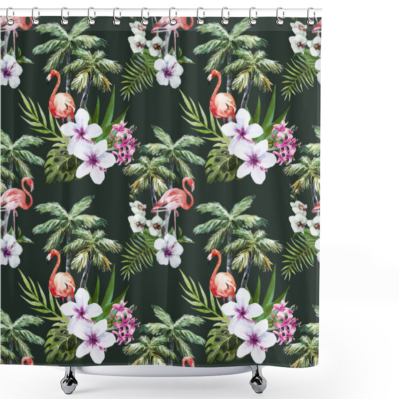 Personality  Flamingo With Palms And Flowers Shower Curtains