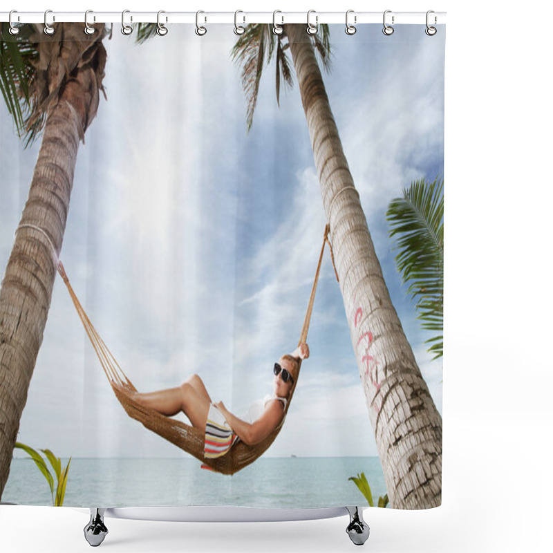 Personality  View Of Nice Young Lady Swinging  In Hummock On Tropical Beach Shower Curtains