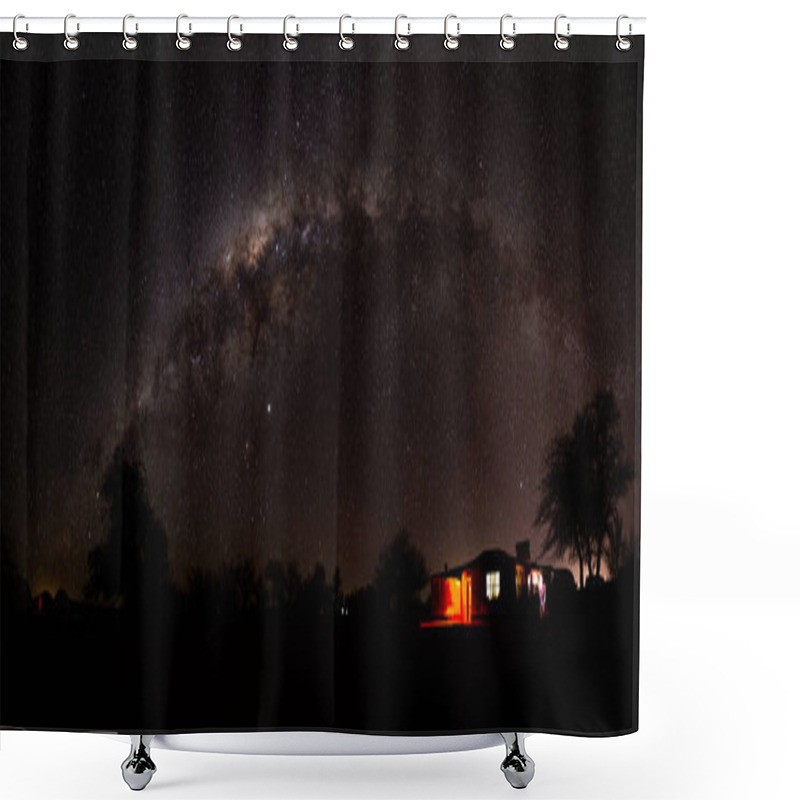 Personality  Stunning Night Panorama From The Atacama Desert Showcasing The Star-filled Sky And The Milky Way's Arc. A Small House And Tree On The Ground Add Depth To This Celestial View. Shower Curtains