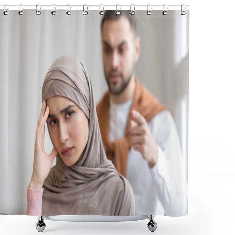 Personality  Angry Muslim Husband Shouting Threatening Wife At Home Shower Curtains