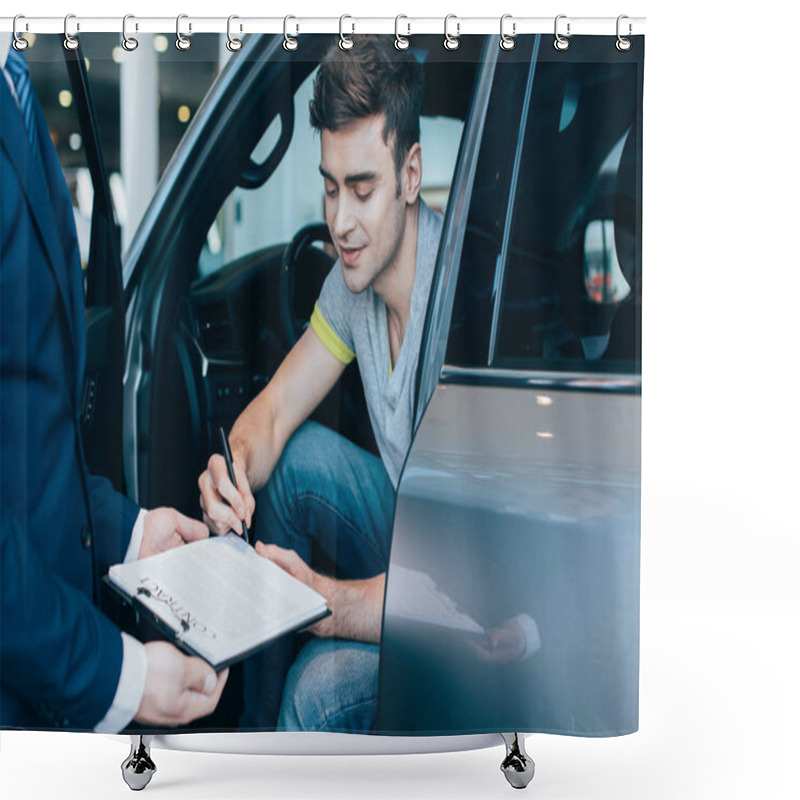 Personality  Cropped View Of Car Dealer Holding Clipboard While Cheerful Man Signing Contract Shower Curtains