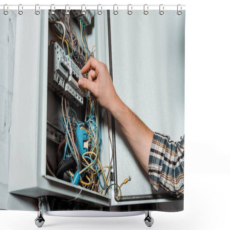 Personality  Cropped View Of Electrician Touching Switch On Switchboard   Shower Curtains