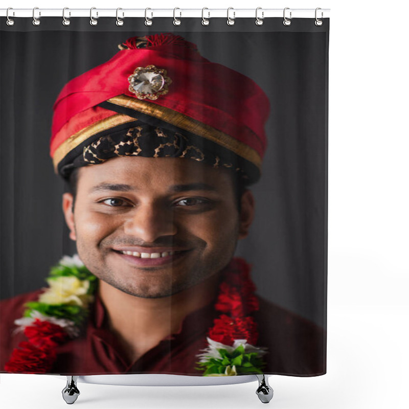 Personality  Positive Indian Man In Turban And Floral Garland Posing Isolated On Grey  Shower Curtains