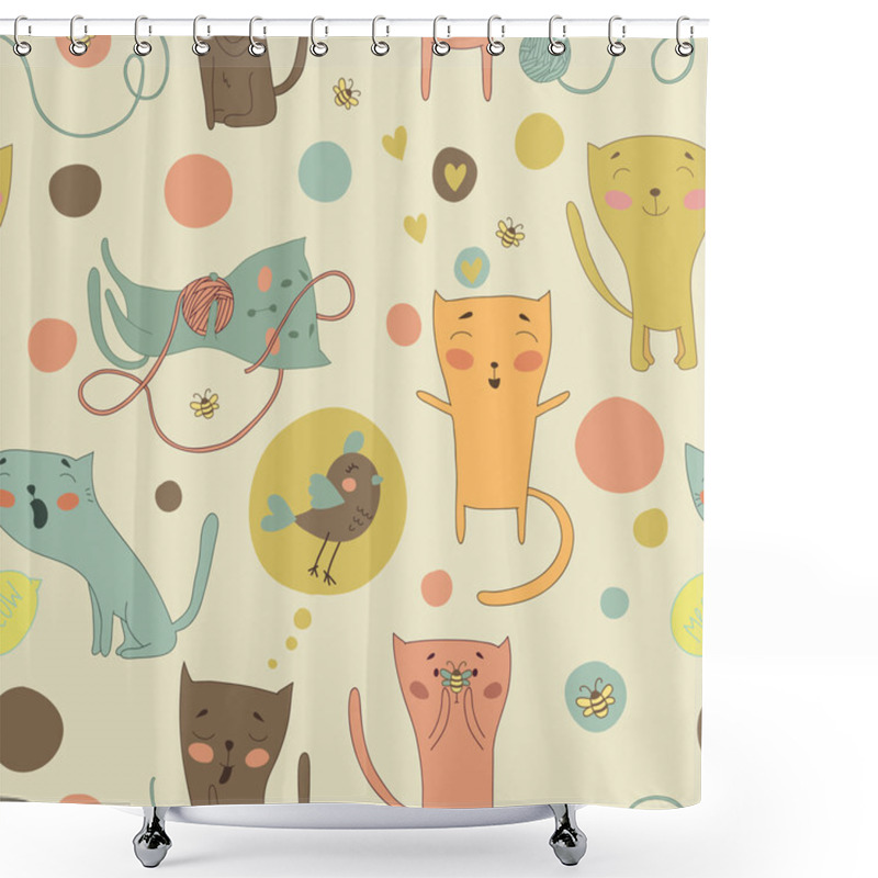 Personality  Cartoon Cats, Bird And Toys On A Bright Background. Shower Curtains