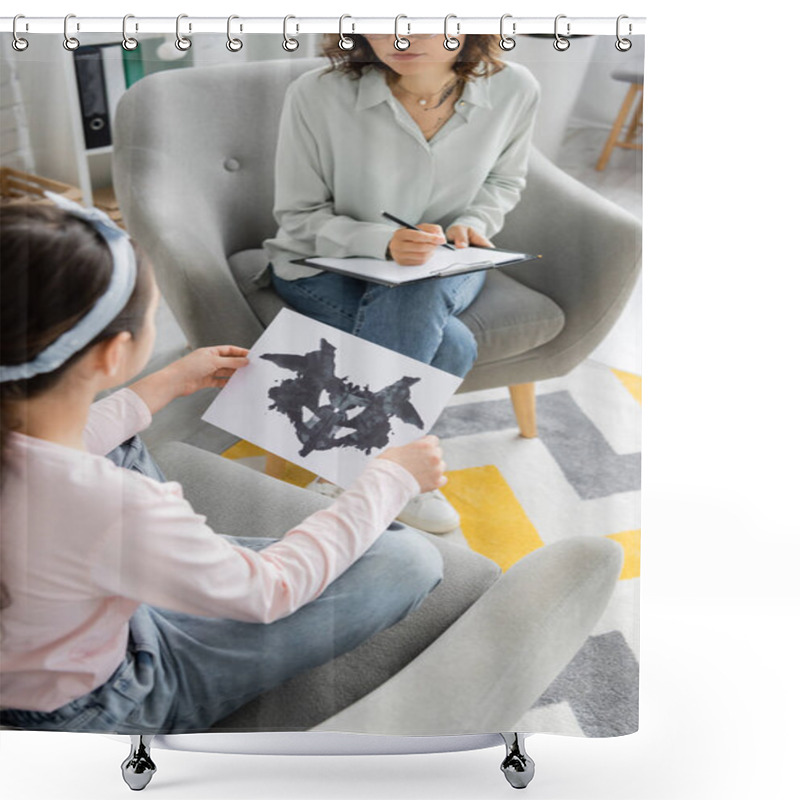 Personality  High Angle View Of Blurred Preteen Child Holding Rorschach Test Near Psychologist With Clipboard In Consulting Room  Shower Curtains