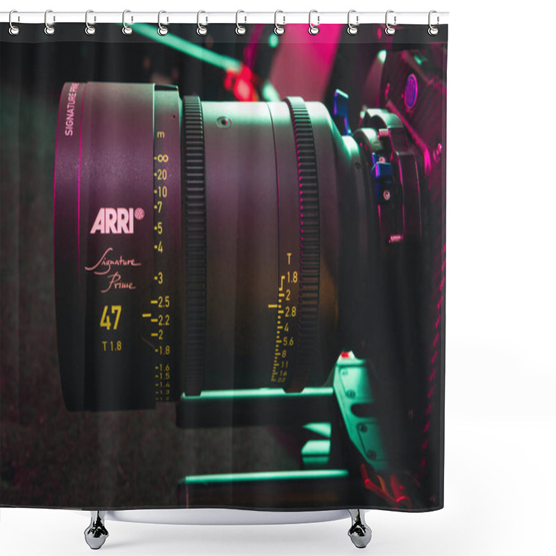 Personality  Kyiv, Ukraine - 04.17.2020: Studio Shoot Of Professional Lens Arri Signature Prime, Close-up. Professional Equipment For Cinematographer, Movie Technology Shower Curtains