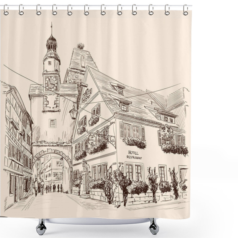 Personality  Sketch Of The Central Street Of A European City With Multi-storey Buildings And Pedestrians. Shower Curtains