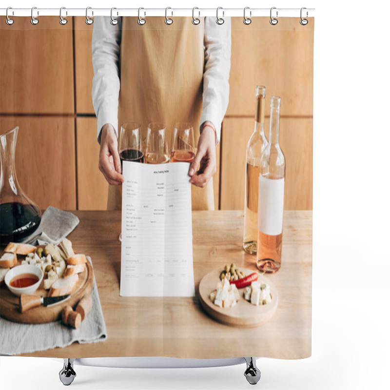 Personality  Cropped View Of Sommelier In Apron Holding Wine Tasting Notes Shower Curtains