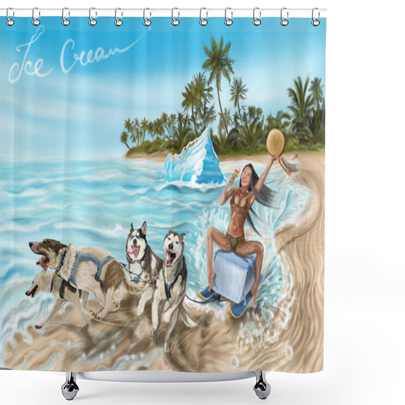 Personality  Eskimo Girl Rushes Husky On The Beach Shower Curtains