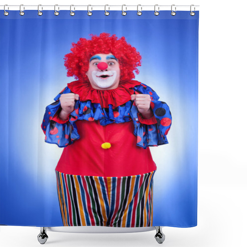 Personality  Happy Clown In Red Costume On Blue Background Shower Curtains