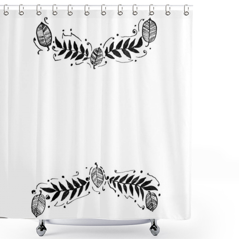 Personality  Frame, Framing Of Leaves. White Background And Copy Space. Leaves Of Different Shapes And Sizes, Filled With Decor. Lines, Dots, Ornament Or Fill. Black Color. Doodle. Above And Belong. Isolated. Shower Curtains