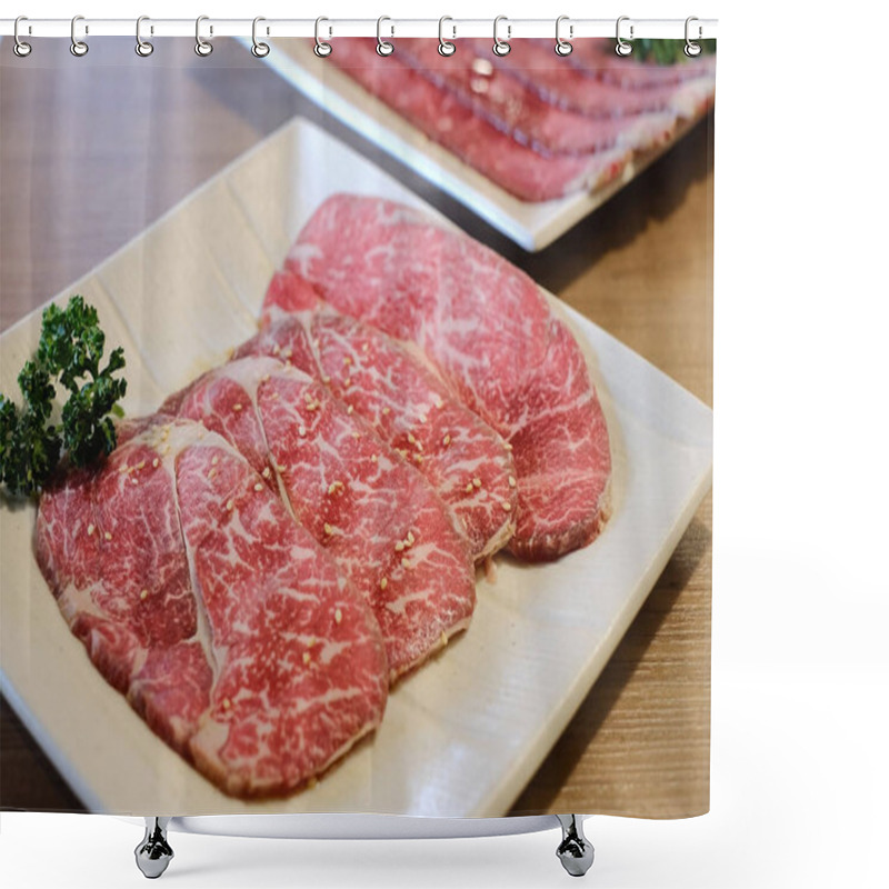 Personality  Premium Raw Wagyu Japanese Beef On White Plate Shower Curtains