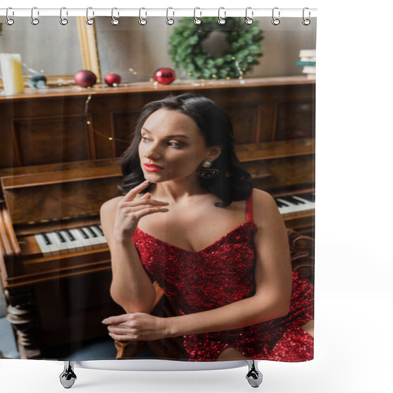 Personality  Attractive Woman In Elegant Red Dress  Sitting Near Piano And Christmas Wreath, Wealthy Life Shower Curtains