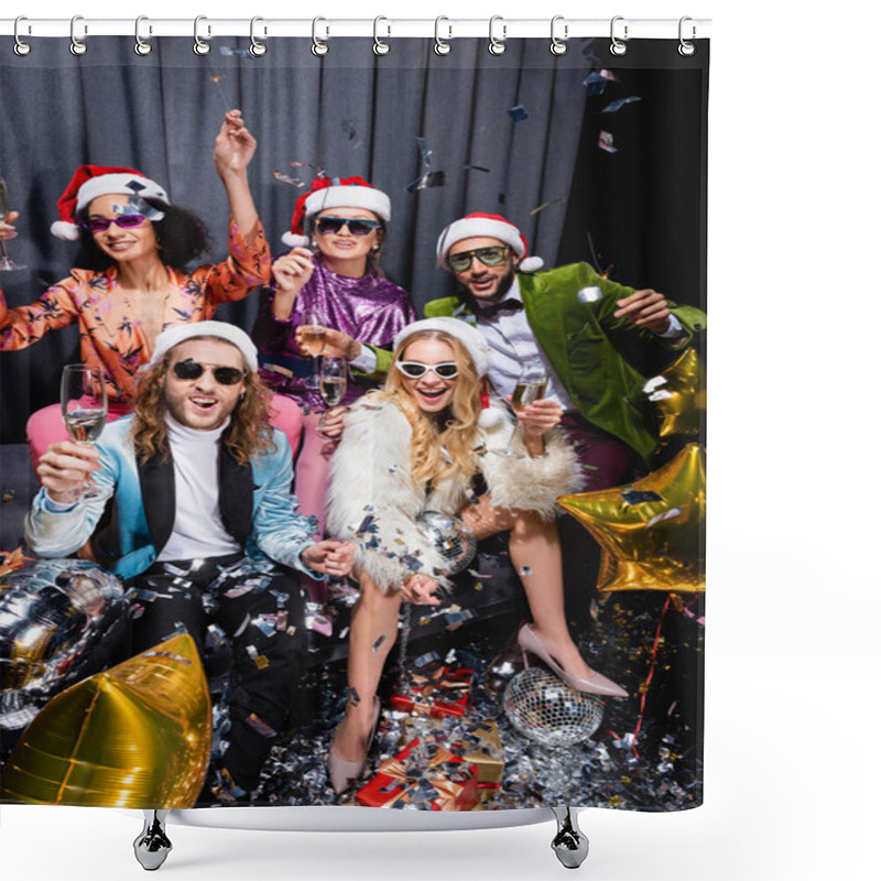 Personality  Playful Interracial Friends In Santa Hats And Sunglasses Celebrating New Year On Grey Couch On Black Background Shower Curtains