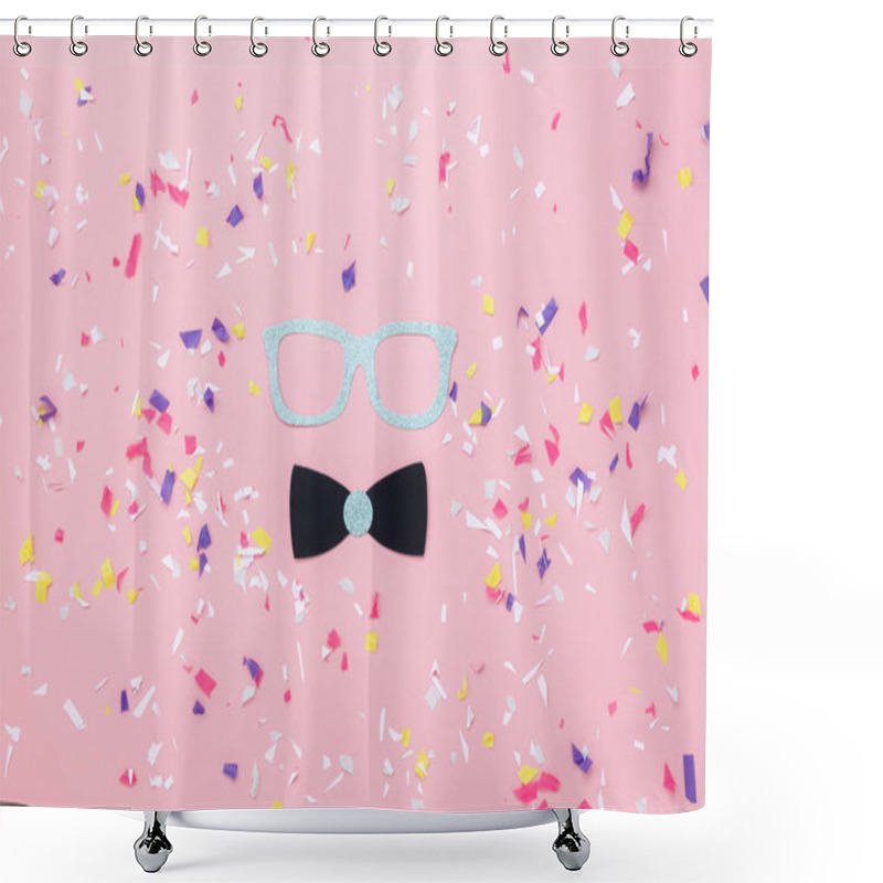 Personality  Table Top View Aerial Image Of Beautiful Carnival Mask Or Photo Booth Props Background.Flat Lay Glasses & Gentleman Bow Tie On Modern Rustic Pink Paper At Office Desk Studio.space For Creative Design. Shower Curtains