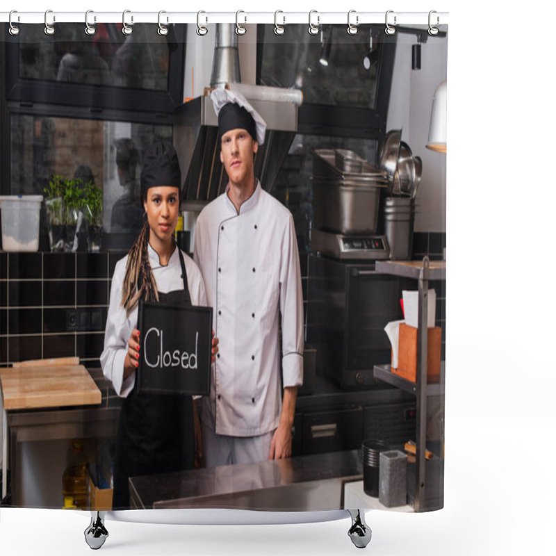 Personality  Young African American Woman Holding Chalkboard With Closed Lettering Near Chef In Kitchen Shower Curtains