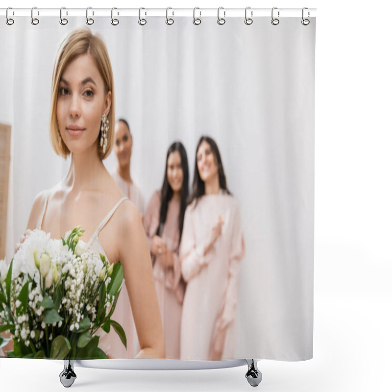 Personality  Attractive Bride In Wedding Dress Holding Bridal Bouquet, Standing Near Blurred Interracial Bridesmaids On Grey Background, Happiness, Special Occasion, Blonde And Brunette Women  Shower Curtains