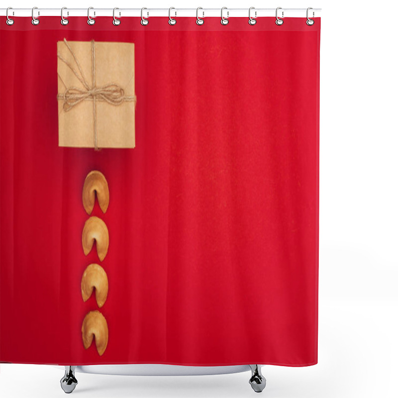 Personality  Top View Of Chinese Fortune Cookies In Row And Box Wrapped In Kraft Paper, Chinese New Year Concept Shower Curtains