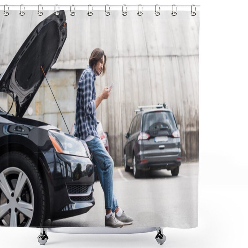 Personality  Man In Casual Clothes With Smartphone In Hand, Standing Near Broken Auto With Open Trunk, Car Insurance Concept Shower Curtains