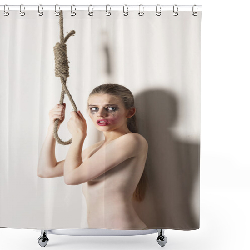 Personality  Violence. Unhappy Bizarre Woman Hipster Self-Murder With Noose Of Rope Shower Curtains