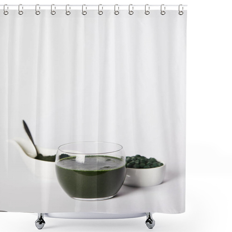 Personality  Fresh Spirulina Drink In Glass, Spoon, Spirulina Powder And Spirulina Pills In Bowls On Grey Background  Shower Curtains