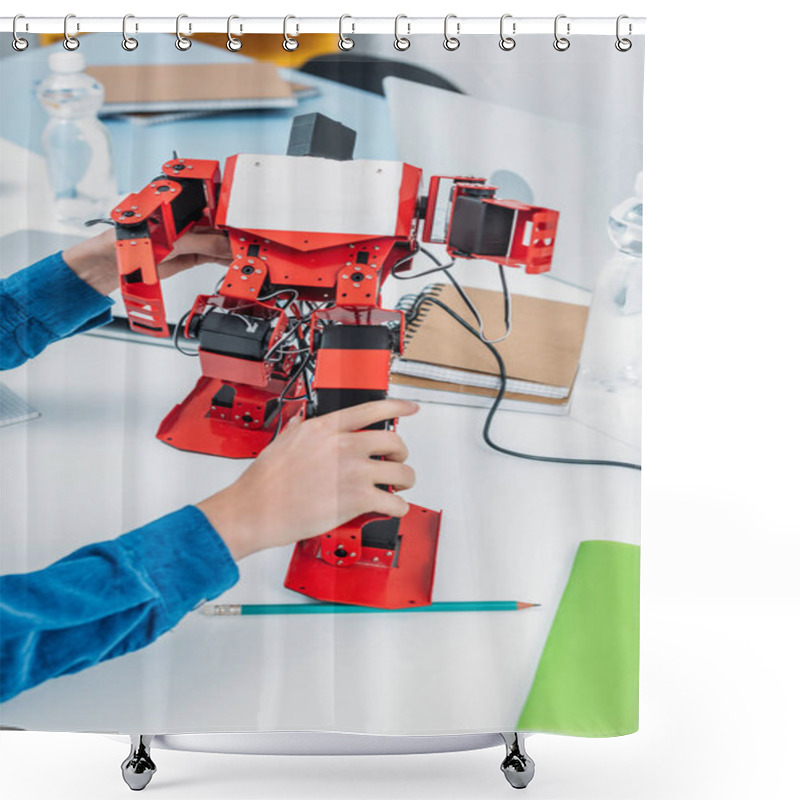 Personality  Cropped View Of Schoolkid Playing With Robot Model At STEM Educational Class Shower Curtains