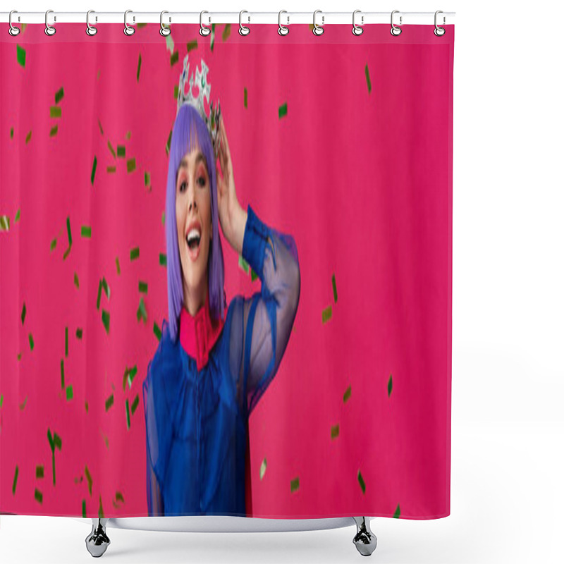 Personality  Panoramic Shot Of Excited Attractive Pop Art Girl In Purple Wig And Crown On Party With Confetti, Isolated On Pink Shower Curtains