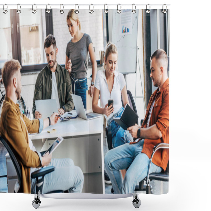 Personality  Group Of Young Casual Business People Working With Gadgets Together At Office Shower Curtains