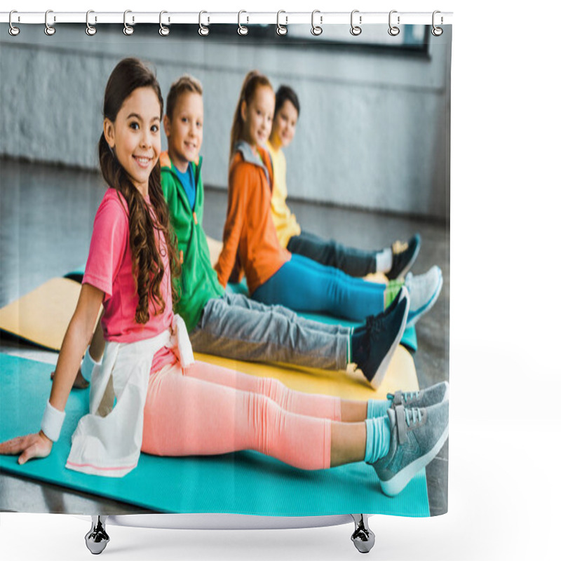 Personality  Smiling Stylish Kids Sitting On Fitness Mats Shower Curtains