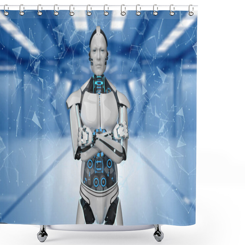 Personality  A Robot With Crossed Hands In A Futuristic Room. 3d Illustration. Shower Curtains