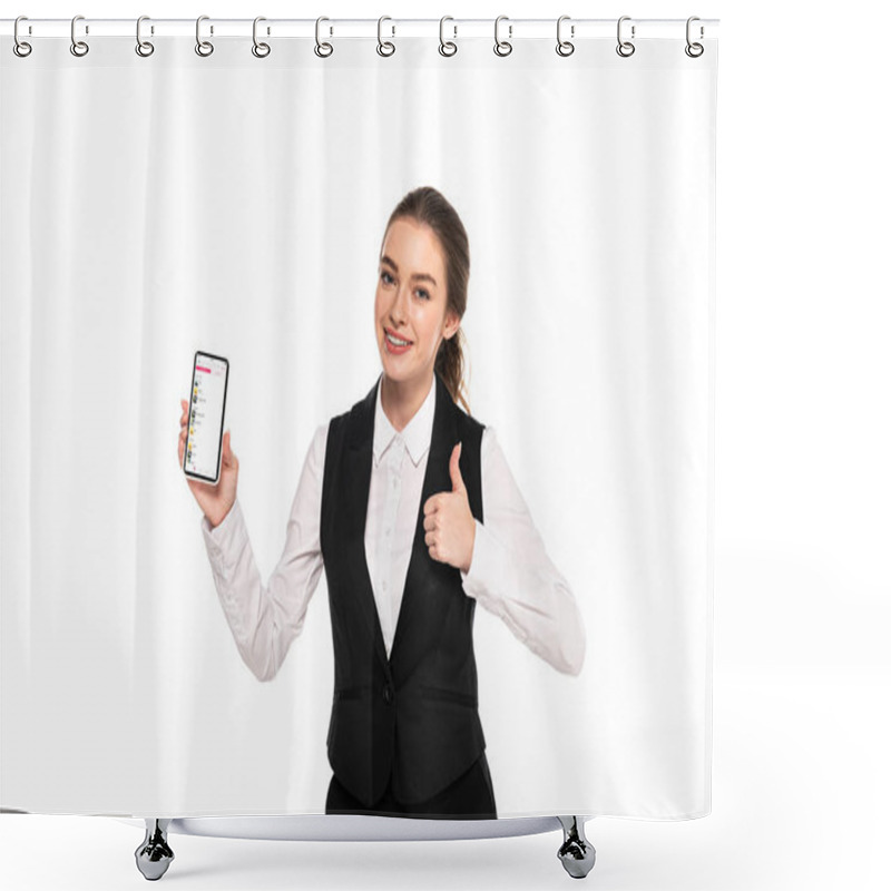 Personality  KYIV, UKRAINE - APRIL 7, 2019: Happy Young Waitress Holding Smartphone With Apple Music App And Showing Thumb Up Isolated On White Shower Curtains