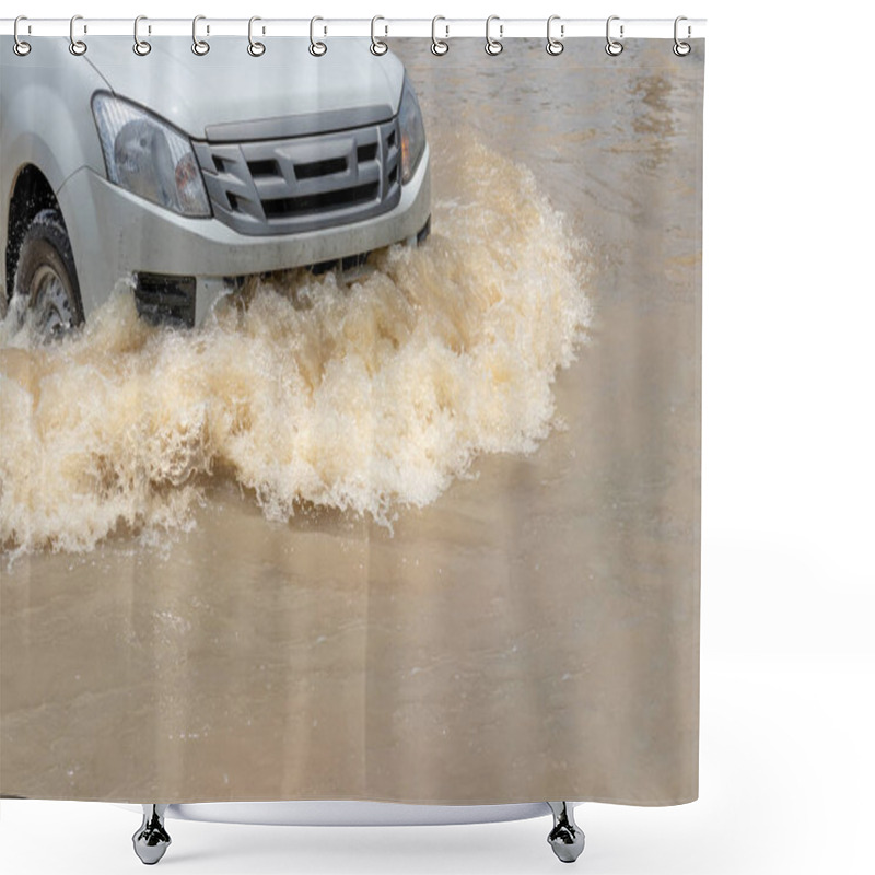 Personality  Car Driving On A Flooded Road, The Broken Car Is Parked In A Fl Shower Curtains