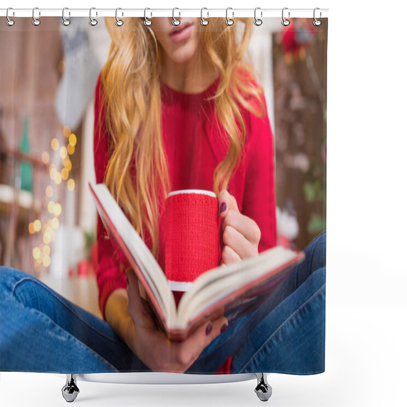 Personality  Woman Reading Book With Hot Drink  Shower Curtains