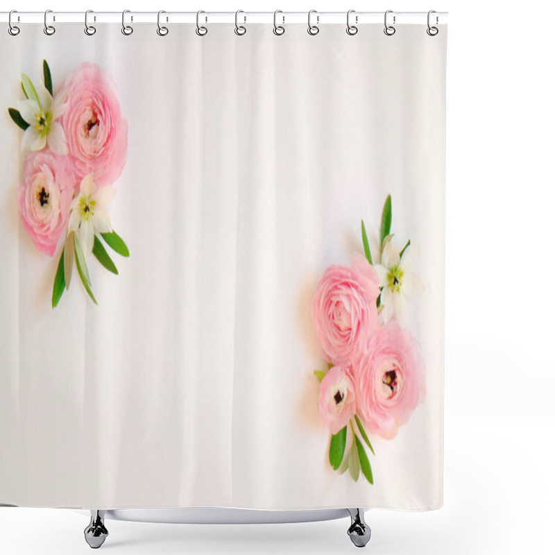 Personality  Studio Shot Of Beautiful Bouquet Of Pale Pink Ranunculus Flowers With Visible Petal Texture. Close Up Composition With Bright Patterns Of Flower Buds. Top View, Isolated, Copy Space. Shower Curtains