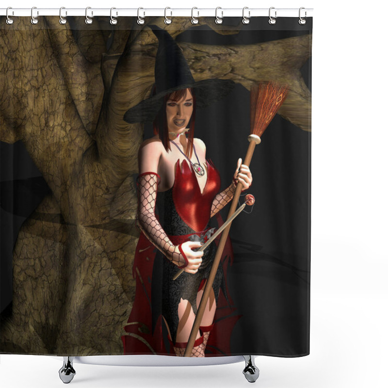 Personality  3d Rendering Of A Witch With A Broom And Magic Wand As An Illustration Shower Curtains