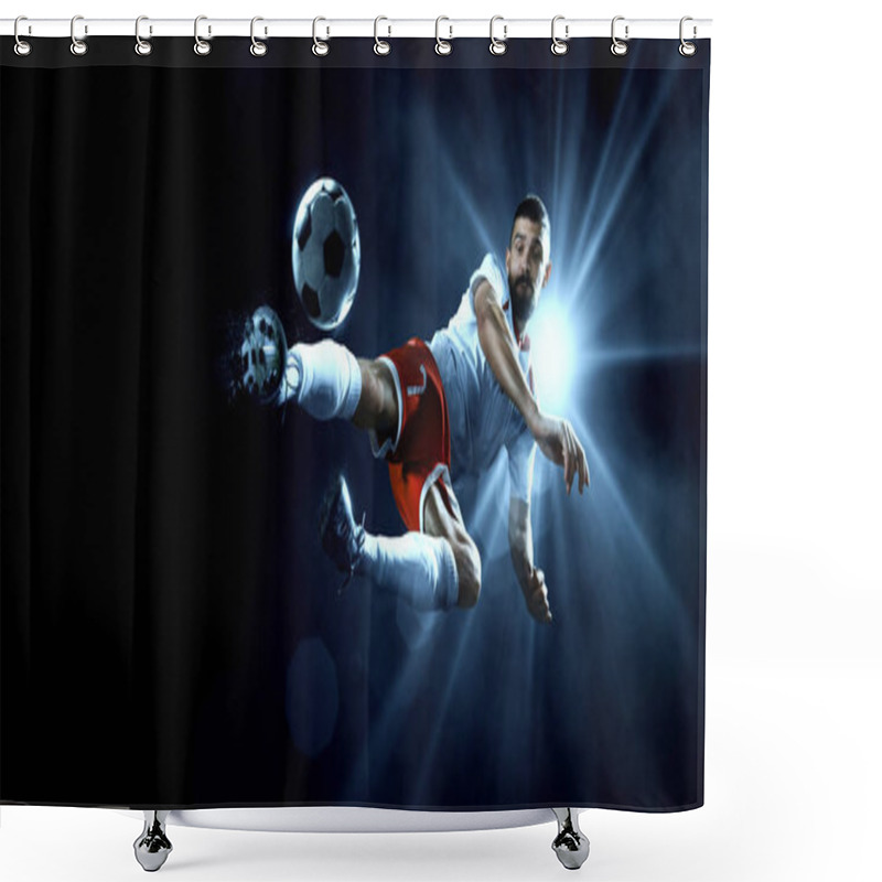 Personality  Soccer Player Performs An Action Play On A Professional Stadium Shower Curtains