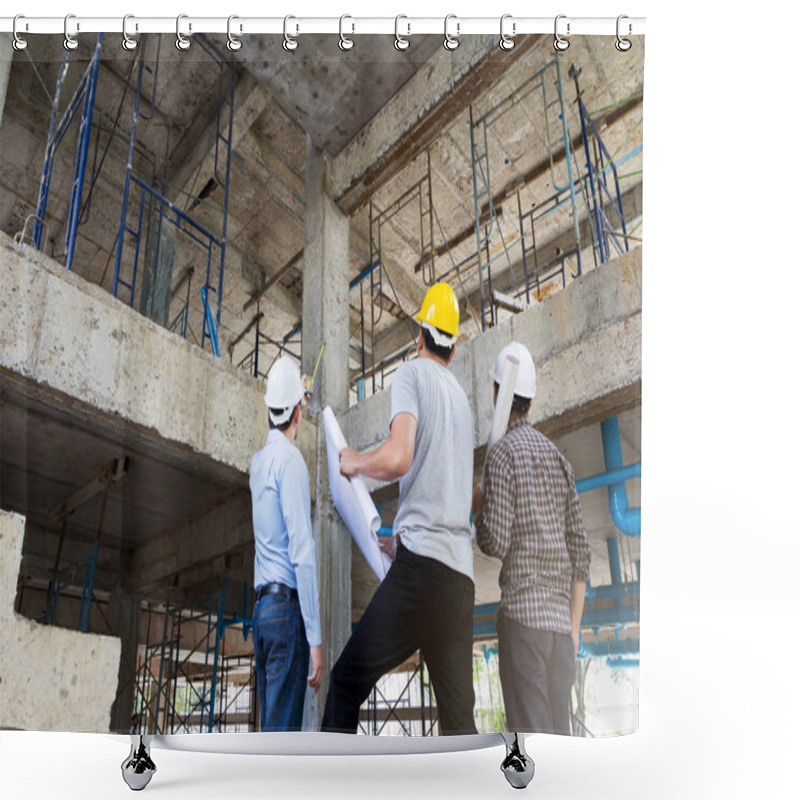 Personality  Engineer, Foreman And Worker Discussing In Building Construction Site Shower Curtains