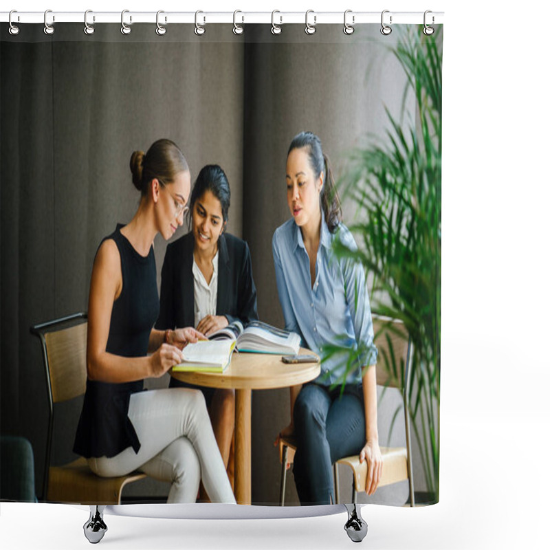 Personality  Three Young Women Having Discussing Project Using Books Sitting At Table Shower Curtains