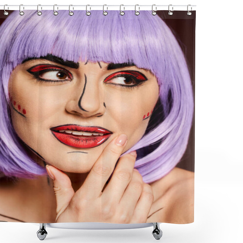 Personality  A Stunning Woman With Bold Purple Hair And Vibrant Pop Art Makeup Against A Black Background, Reminiscent Of A Character From Comics. Shower Curtains