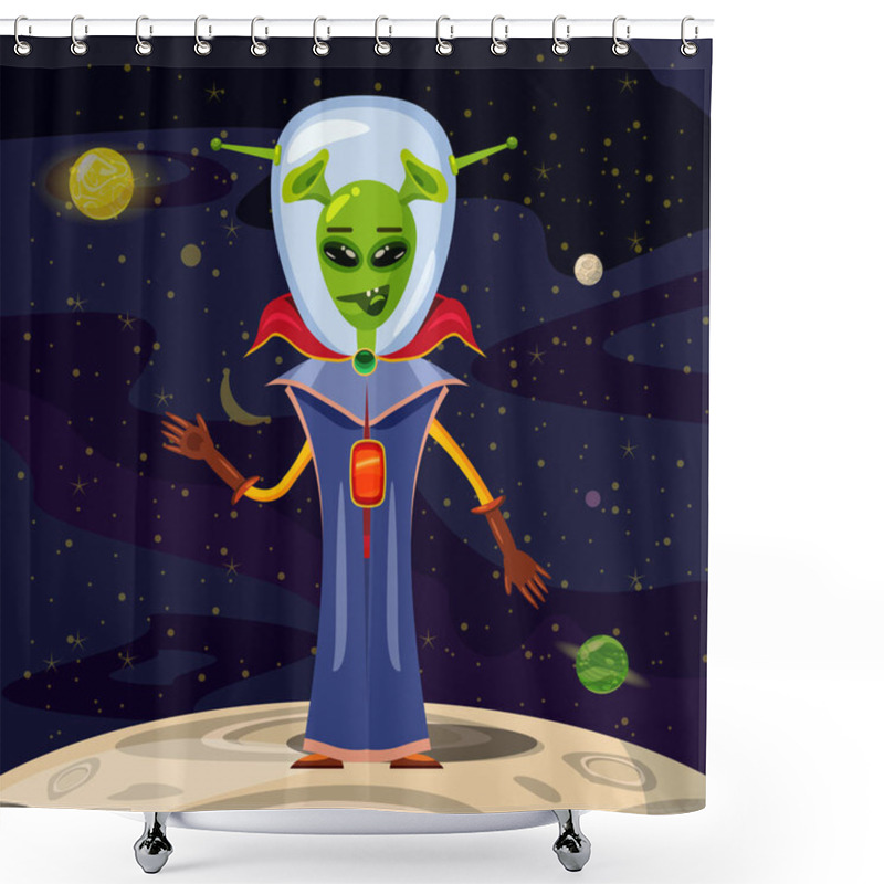 Personality  Alien In A Spacesuit, Cartoon Style, Background Space, Vector Isolated Shower Curtains