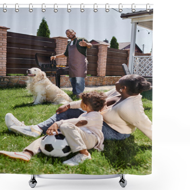 Personality  African American Mother Sitting On Lawn With Son Near Dog While Happy Husband Cooking On Bbq Grill Shower Curtains