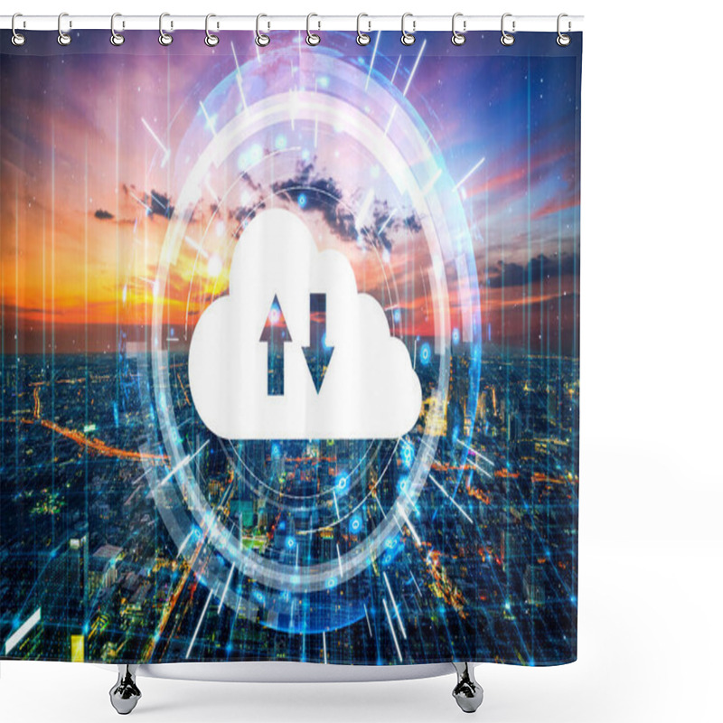 Personality  Cloud Computing Technology And Online Data Storage For Business Network Concept. Computer Connects To Internet Server Service For Cloud Data Transfer Presented In 3D Futuristic Graphic Interface. Shower Curtains