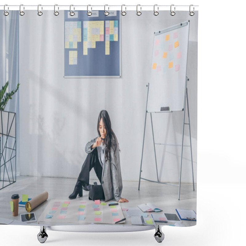 Personality  Beautiful Asian Scrum Master Sitting On Floor Near Gadgets And Sticky Notes  Shower Curtains