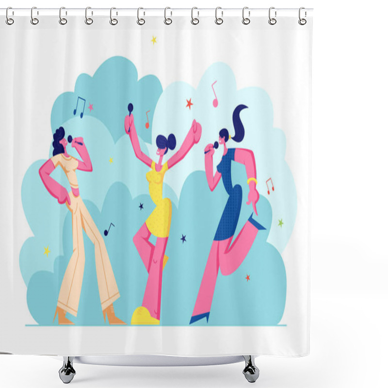 Personality  Excited Young Girls Company With Microphones Performing On Karaoke Party. Happy Female Characters Cheerfully Singing, Music, Happy Life Moments, Weekend Leisure Hobby. Cartoon Flat Vector Illustration Shower Curtains