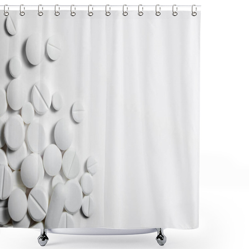 Personality  Background Of White Pills On A Smooth White Background. Shower Curtains