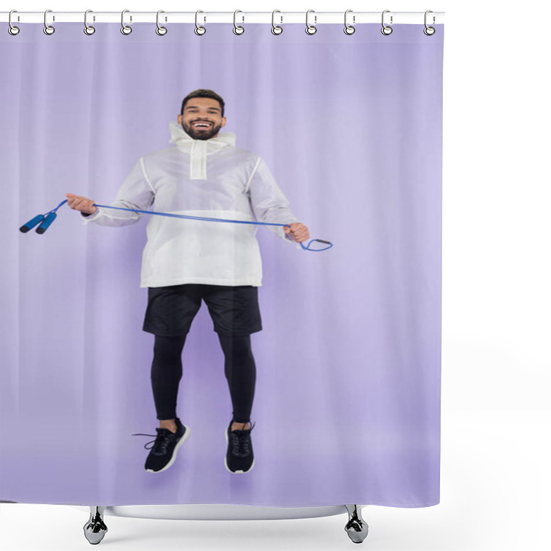 Personality  Full Length Of Happy African American Man In Sportswear Levitating And Holding Jumping Rope On Purple Shower Curtains